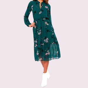 LULU'S Teal Green Floral Midi Dress Size S Sheer Ruffled Long Sleeve Overlay